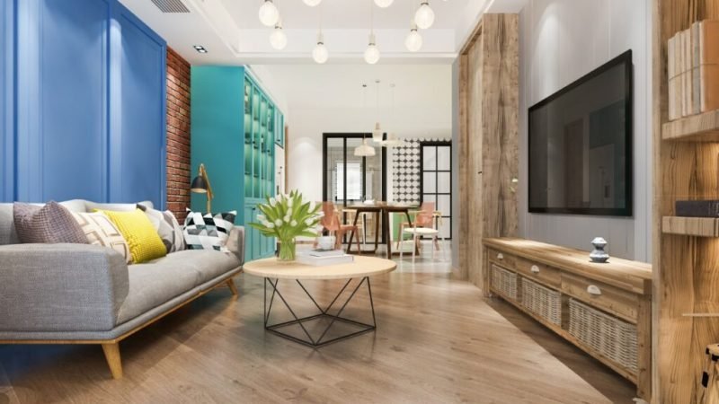 3d rendering modern dining room and living room with luxury decor and green sofa